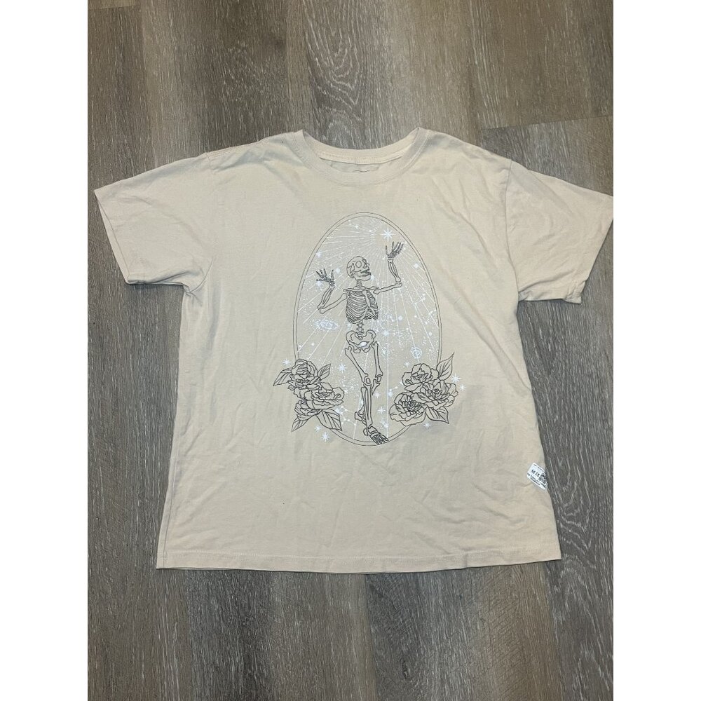 Mighty Fine Beige Skeleton Graphic Tee M Cotton/Poly Short Sleeve Casual T-Shirt